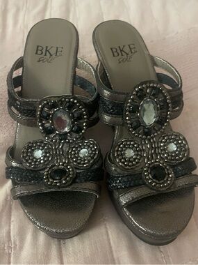 BKE Metallic Gray Jeweled Slide Heels